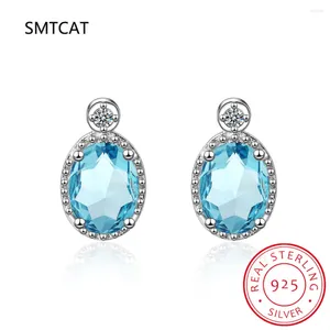 Stift Ohrringe echte natürliche blaue Topaz 925 Sterling Silber Oval für Frauen Modes Statement Edelsteinschmuck