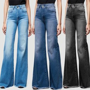 Jeans de rua da moda jeans Mulheres na cintura alta Slim Vintage Casual Casual Comprimento completo Jeans larga de perna larga