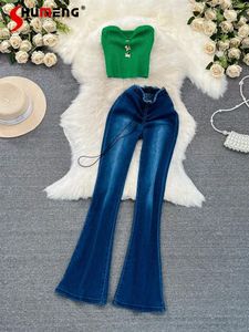 Damen zweisteuelhafte Hosen Modeanzug Mädchen Strickrohre Tops Weste Two-Tiefe Sets Feminine Jeans hohe Taille ausgestattet