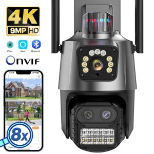 Kameror 4K 9MP HD IP -kamera utomhus 8x Zoom tre lins Dual Screen WiFi PTZ Camera 4MP Police Light Alarm Video Surveillance Onvif ICSEE
