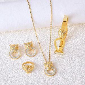 Necklace Earrings Set 316L Stainless Steel Animal Leopard Head Inlaid Crystal Round Figure Bracelet Wedding Jewelry