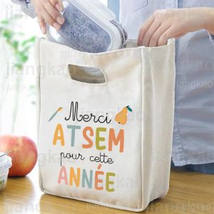 Väskor Merci Atsem Tryckt Lunch Bag Portable Isolated Canvas Cooler Bento Box Tote Thermal School Food Storage Pouch Gifts To Atsem