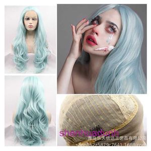 HD Body Wave Highlight Spets Front Human Hair Wigs For Women Hot Selling Mint Blue Wavy Curly Hair Hand Vävt vävd spets Syntetfiber Wig Set med sneda lugg