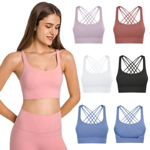 Kvinnor Strappy Sports Bras Criss Cross Back Wireless Padded Yoga Bra Cute Workout Fitness Crop Tank