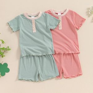 Kläder sätter 1-5 år barn barn flickor sommar ribbed lapptäcke rufsar kort ärmknapp t-shirts elastiska midja kläder