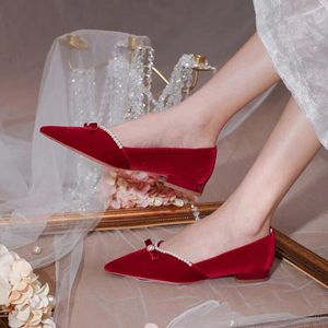 Sandaler Phoentin Velvet Bridal Wedding Shoes 2024 Point Toe Low Heels med Pearl Bow Knot Summer FT3358