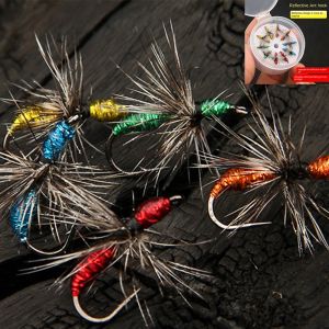 Tillbehör 10st/låda reflekterande Ant Fly Hook Feather Insect Fly Fishing Horse Mouth Vit randig bete Luya Fake Bait Fishhooks Pesca Iscas