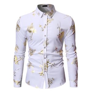 Hemden Luxus Gold Foliendruck Shirt Männer 2023 Herbst neue weiße Rose Blumenhemd Herren lässige Hemd Hemden Nightlcub Prom Shirt Camisas Camisas