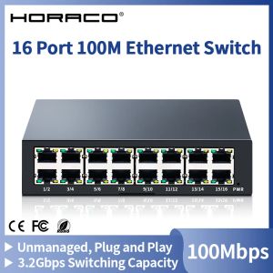 Controle Horaco 16 Porto Ethernet Switch 100 Mbps Rede Fast Switter Switter Plug e Play não gerenciados para segurança da câmera de vigilância