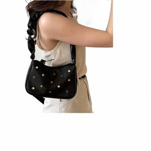 pu Leather Color Rhineste Underarm Bag Large Capacity Solid Color Girls Handbag Korean Style Summer Shoulder Bag Shop 81du#