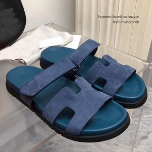 One line blue leather color blocking slippers summer new couple sandals mens and womens shoes luxurious design outdoor casual sandals beach shoesSizes 35-45 +box