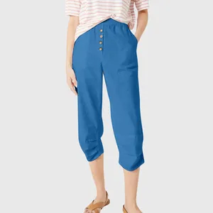 Женские брюки свободны капри для женщины летние укороченные эластичные брюки с высокой талией с карманами брюки ropa mujer