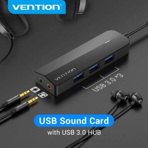 Cards Vention USB 3.0 Hub 3 Ports USB Sound Card 2 In 1 Extern Stereo Audio Adapter 3,5 mm med hörlurrofon USB -ljudkort