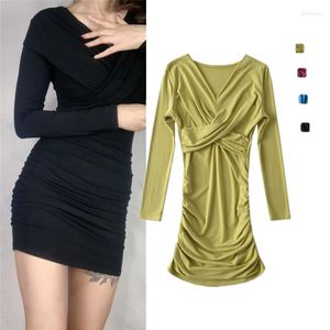 Casual Dresses Pure Desire Style Stylish Elegant V Neck Slim Fit Looking Pleated Dress Color All-Matching Cross Hip Skirt For Women