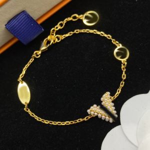 Homens de luxo elegantes Brande Bracelet Crystal Pérola Flor Carta de Flor Pingente Pingente Bracelete Gold Link Cadeia Pulseira Jóias de punho de punho de punho