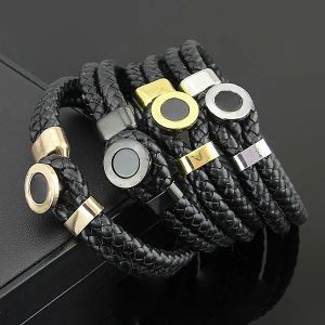 Strands all'ingrosso Mon Men's Doppio strato Bracciale in pelle intrecciata in pelle rotonda guscio nero bracciale in pelle genuina