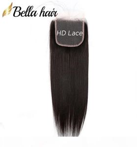Bella hår HD spetsstängning 4x4 100 mänskligt jungfru hårstängning mellersta tre delstängningar med babyhår naturlig färg3264178