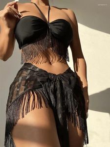 Kadın Mayo 2024 Seksi Halter Bikini Seti ve Mesh Plajı Sarong Kadın Mayo Kadın Püskül Yuvası Yuva Takım elbise yıkananlar