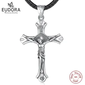 Halsband Eudora 925 Sterling Silver Jesus Cross Halsband Vintage Crucifix Amulet Pendant Religiösa smycken Personlighet Gåva för män Kvinnor