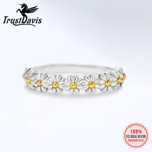 Anéis Trustdavis Real 925 Sterling Silver Small Daisy Flower Rings for Women Wedding Anniversary Gift Fine Fashion Jewelry DS3547