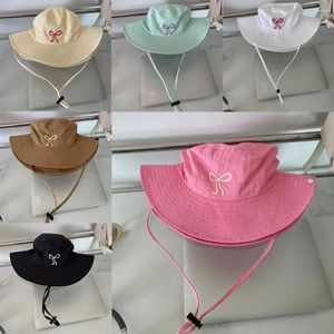 Berets Spring Summer Bucket Hat Solid Color Sunscreen Fishing Caps Breathable Quick Drying Bow Strap Hats For Outdoor Camping