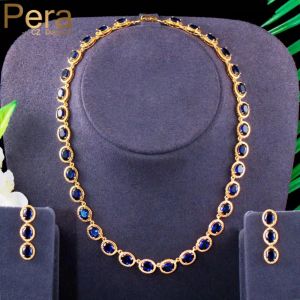 Halsband Pera Luxury Royal Blue Oval CZ Crystal Women Wedding Party Halsbandörhängen Brudsmycken Set Dubai Gold Color Smycken J385