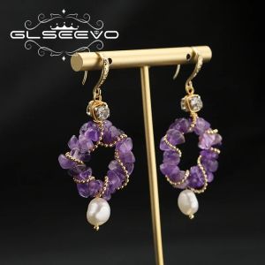 Earrings GLSEEVO Shiny Zircon Amethyst Entangle Natural Freshwater Pearls Ear Hooks Luxury Exquisite Women's Earrings Fine Jewelry