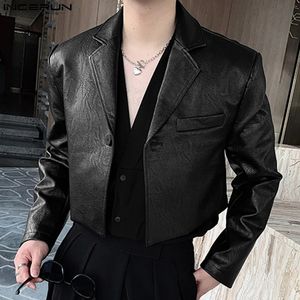 INCERUN Tops Korean Style Handsome Mens Short Leather Jackets Suit Casual Streetweat Male Longsleeved Blazer S5XL 240407