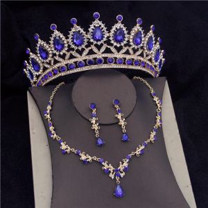 Halsketten Vintage Blue Crown Brautschmucksets für Frauen Mode Tiara Braut Halskette Set Ohrring Prom Hochzeitsgezogenes Accessoires