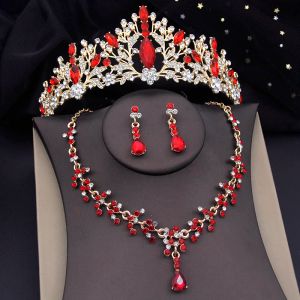 Necklaces Quality Red Crown Bridal Wedding jewelry set Women Prom Birthday Bride Tiaras and Necklace earrings sets Costume Accessory