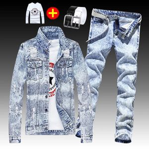 4 Pcs Set Hip Hop Spring Autumn Mens Denim Jacket Holes Single Breasted Coat Jeans Pants with Shirt Belt 240412