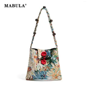 Drawstring MABULA Unique Painting Flower Girl's Hobo Bag Aesthetic Design Chinese Stylish Female Exquisite Shoulder Purse Chic Shopper Pack