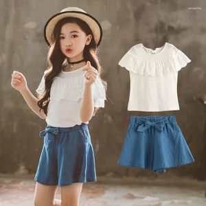 衣類セット女の子の夏の服セット2PCスーツ白いレースブラウスデニムショーツ35 6 8 10 12 13年カジュアルキッズガール服