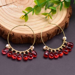 Earrings GLSEEVO Pure Natural Red Crystal Earrings Female Girl Party Bohemian Gift Freshwater Pearl Jewelry Handmade Ge0951