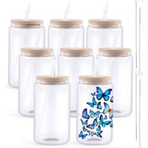 USA 16Oz Clear Glass Sublimation Tumblers With Bamboo Lid Easy To Sublimate Mugs Blanks DIY For Iced Coffee Cups CA Warehouse 0422