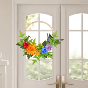 Decorative Flowers Front Door Wreath With Wooden Beads Outside Spring Artificial For Housewarming Party Anniversary Fireplace