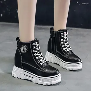 Lässige Schuhe schwarze Stiefel Herbst High Platform Sneakers 8,5 cm Absätze Frauen dicker Sohle -Knöchel -Leder -Keil Winter