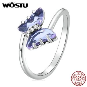 Ringe Wostu 925 Sterling Sliver Transparent Glass Insekt Zarte lila Schmetterling Größe Ringe für Frauen Frauen Original Schmuck CQR797