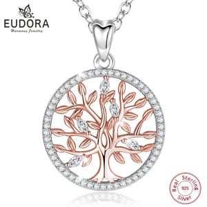 Hängen Eudora Real 925 Sterling Tree of Life PavedCrystal Neckalce Temperament Rose Gold Color Fine Fashion Jewelry for Women Gift 410