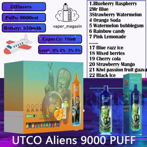 Bestförsäljande UTCO ALIENS 9000 Puff Disposable E-cigarett 22 Flavors 18 ml Förladdad patron 0% 2% 3% 5% Koncentration 9K Puffs 850mAh Uppladdningsbar e-cigarett