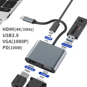 Stationer Laptop USB C Docking Station 4 I 1 HDMicompatible 4K 30Hz Output VGA 1080p PD100W USB3.0 USB HUB för MacBook PC Phone -surfplatta