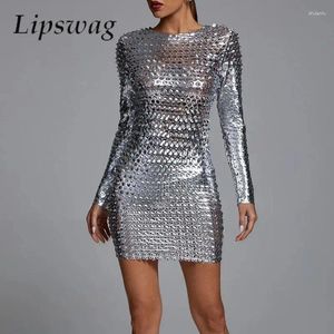 Casual Dresses Elegant O-Heck Women Bodycon Party Dress Lady Long Sleeve Slim Mini Dres Fashion Glossy Metallic Hollow Design Sexig kväll