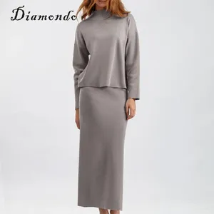 Skirts 2 Pieces Long Skirt Set Sleeve Sweater Maxi Ladies Side Slit High Collar Casual Solid Color Simple Style Daily Outfit