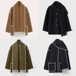 Wool Women's Blend Elegant Loose with Scarf, Long Sleeve Pocket Single Breasted Female Coat for Autumn Winter 2023