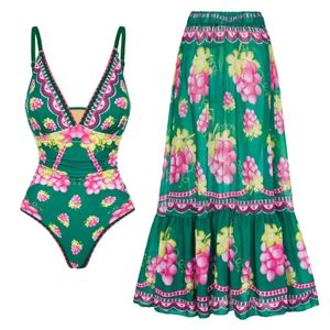 2024 Mulheres Swimsuit Set Deep V Retro Green Uvas Prind Print Swimwearwear Beauty Bathing Suit de maiô de biquíni Monokini Bodysuit Two Piece 240412