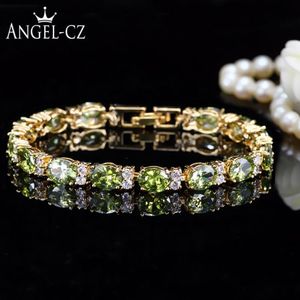 Dubai Yellow Gold Color Jewelry Oval Olive Green Crystal Connect Bling CZ Classy Ladies Bracelet Bangle For Women AB079 Link Chai233T