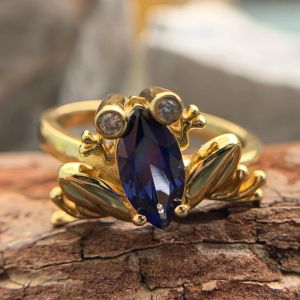 Anéis anel de sapo natural 4x8mm azul Sapphire Anel vintage 18k/14k Amarelo ouro personaliza jóias