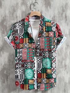 Men's Casual Shirts Lapel Ethnic Pattern Print Women's Short Sleeve Button-Down Tops