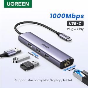 Hubs Ugreen USB C Hub 1000 Mbps Ethernet Hub USBC do USB3.0 RJ45 dla Laptop MacBook Akcesoria Karta sieciowa Typec Ethernet
