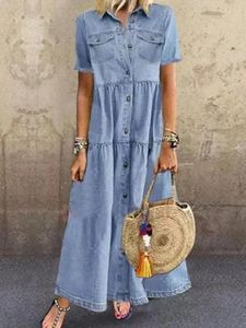 2024 Spring Denim Women Dress Long Blue Short Sleeve Elegant Long Dresses Female Casual Fashion Holiday Beach Ladies Clothes 240409